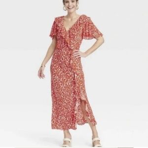 A New Day Woman's Ruffle Short Sleeve V-neck Ruffle Red Floral Dress